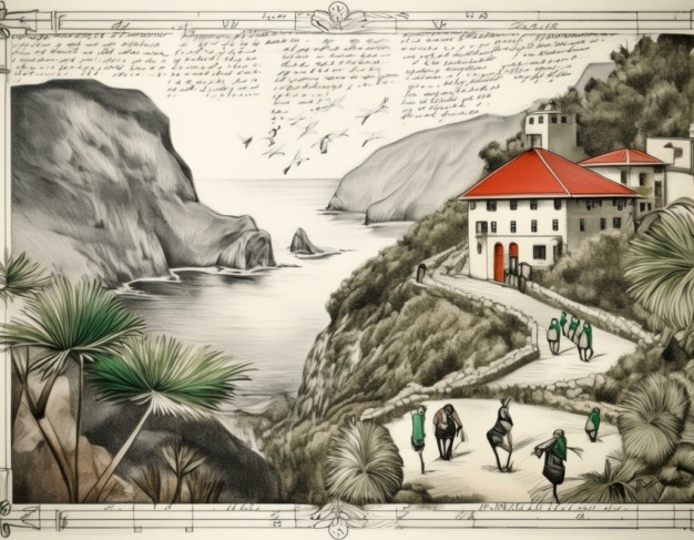 Uma imagem que capta as cinco principais razões para visitar a Madeira, com uma disposição em estilo de colagem ()
