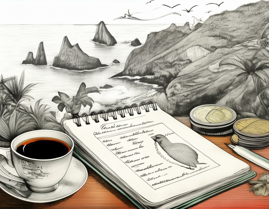 Uma imagem que representa um guia de orçamento diário de um viajante para a Madeira, com um bloco de notas com custos