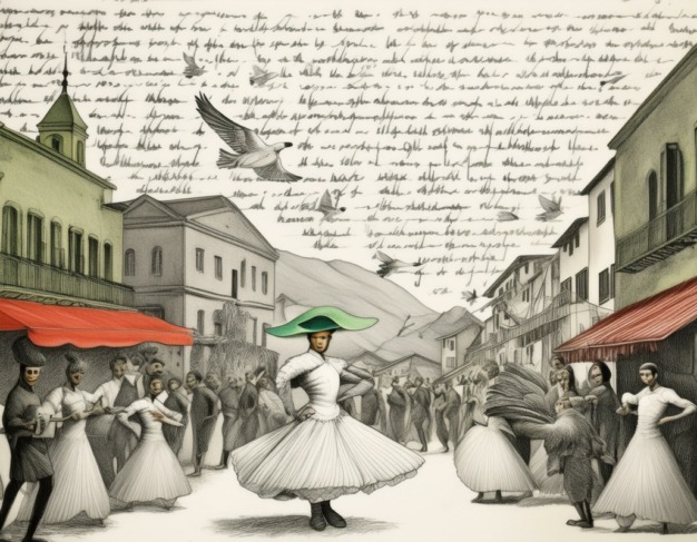 Uma imagem das vibrantes festas e carnavais da Madeira, com um animado desfile de rua com ()