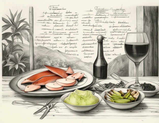 Imagem de uma mesa de um restaurante rústico madeirense repleta de pratos tradicionais como a espetada ()